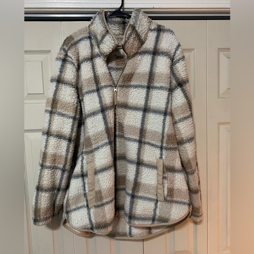 Abercrombie & Fitch Plaid Teddy Sweater - Cream and Tan